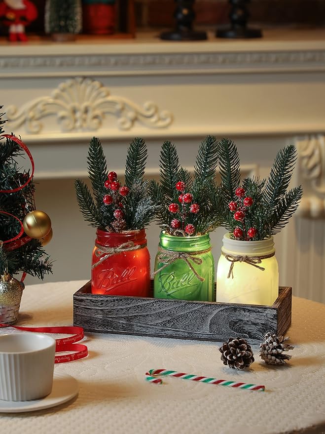 Christmas Mason Jars, Christmas Centerpiece Table Settings, Wood Tray - Image 2