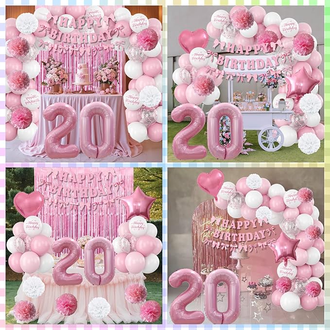 20th Birthday Decorations for Girls Pink Number 20 Balloon Bow Coquette Happy - Image 6