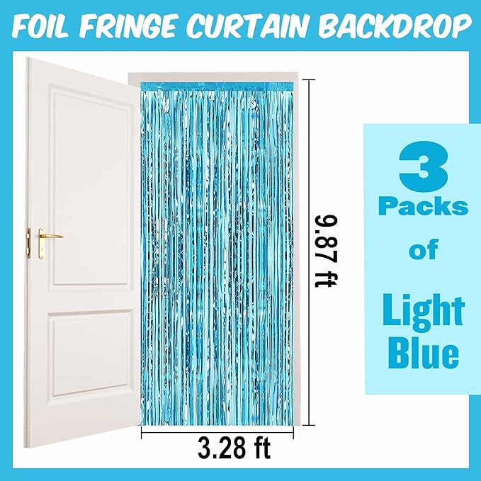 3 Pack Light Blue Foil Fringe Curtains Backdrop, 3.28 x 9.8 Ft Metallic - Image 2
