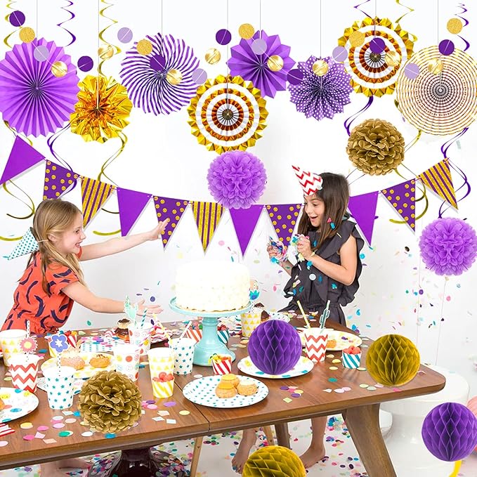 Purple Gold Party Decorations Paper Fans, Graduation Season Hanging Glitter - Image 4