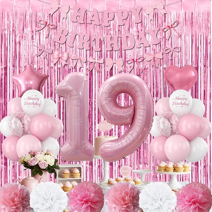 19th Birthday Decorations for Girls Pink Number 19 Balloon Bow Coquette Happy - Image 2