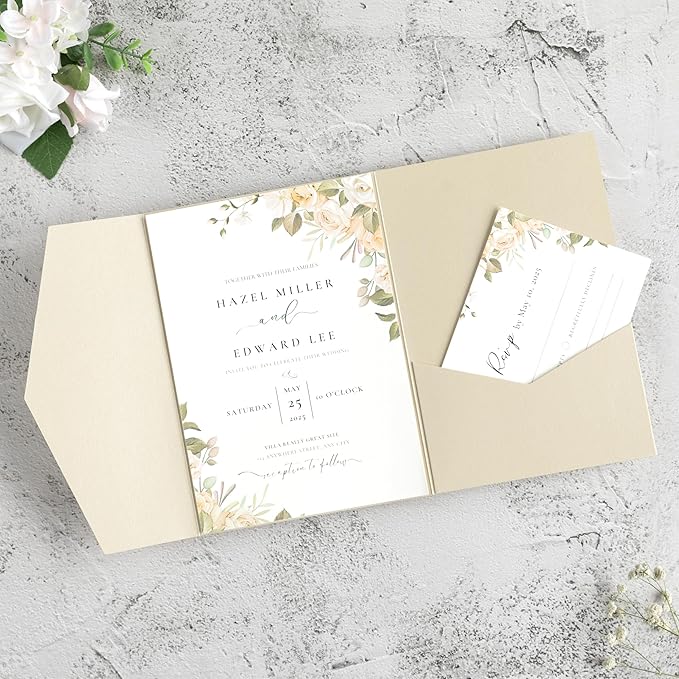 20 PCS Champagne Tri-fold Laser Cut Wedding Invitation Pockets by FEIYI