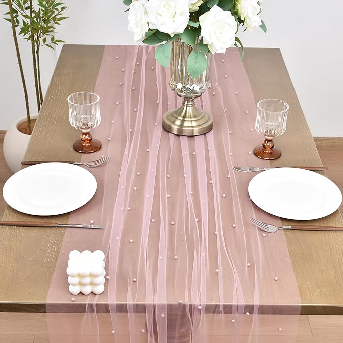 Joanlody Fall Pearl Table Runner 10ft Rustic Boho Tulle Table Runner - Image 3