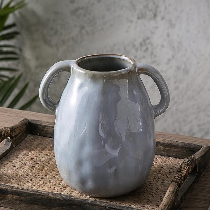 Kimdio Ceramic Vase with 2 Handles, Modern Farmhouse Grey Vase by Kimdio