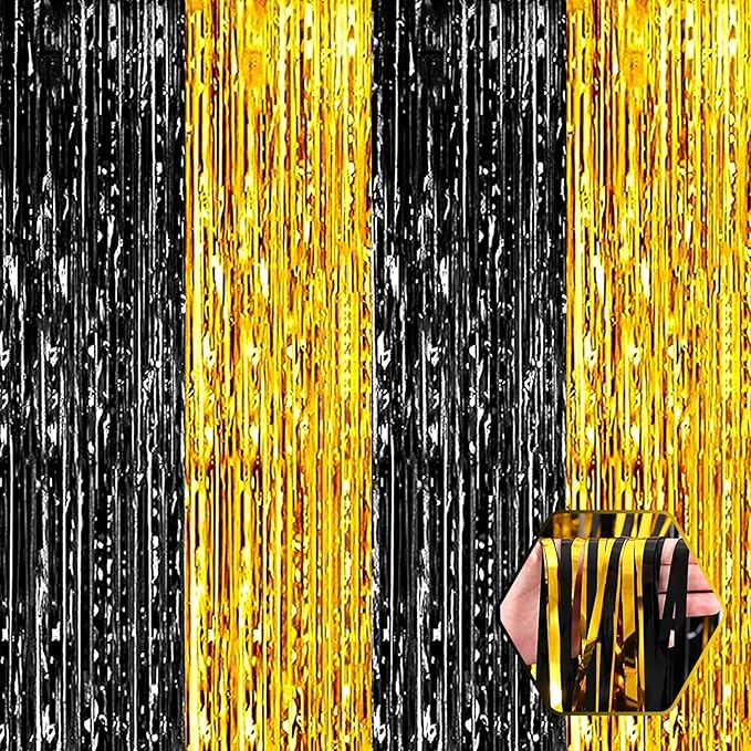 6 Pack Black Gold Foil Fringe Curtain Backdrop, 3.28Ft x 8.2Ft Metallic Tinsel by Ferwzsr