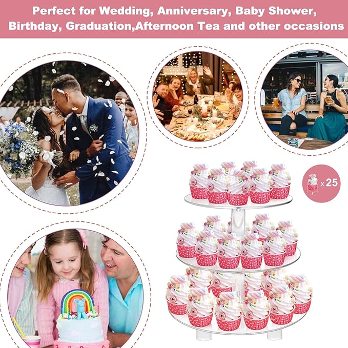 3 Tiers Round Cupcake Stand, Acrylic Cake Tower Stand Holder Macaron Display - Image 2
