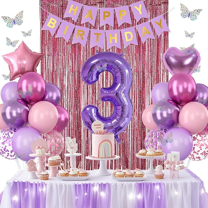 Pink Purple 3rd Birthday Party Decorations - Image 4
