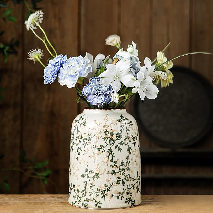 Green Vintage Vase, Chinoiserie Floral Vases, Retro Ice Cracked Ceramic Large by SUREYUESI