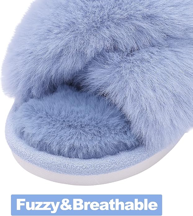 Evshine Women's Fuzzy Slippers Cross Band Memory Foam House Slippers Open Toe - Image 3