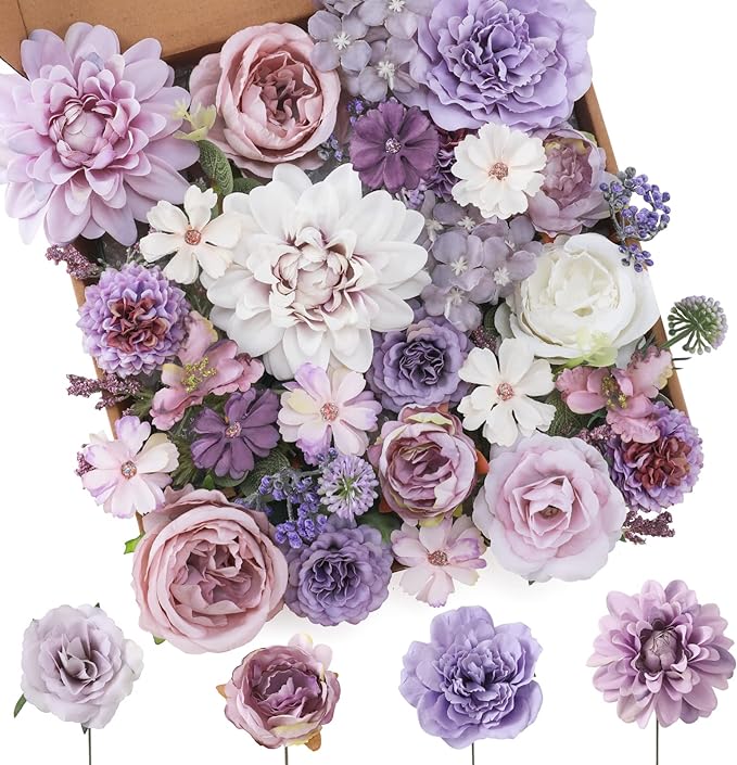 Floweroyal Artificial Flowers Combo Purple Flowers Mix Silk Flowers Dahlia Roses by FloweroyalCrafts
