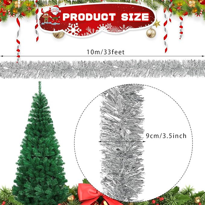 DECORA 33 Feet Silver Tinsel Garland, Christmas Metallic Hanging Tinsel Garland - Image 4