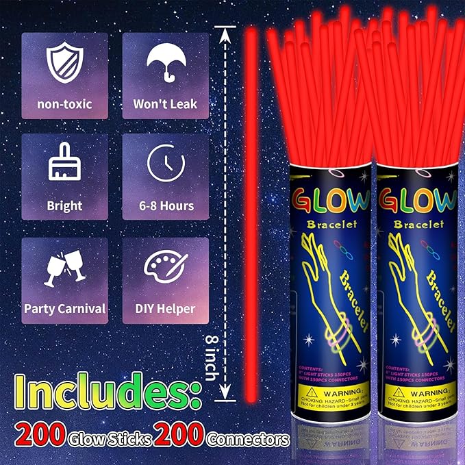 200 Pack 8'' Glow Sticks Bulk Party Favors Red Light Up Sticks - Image 2