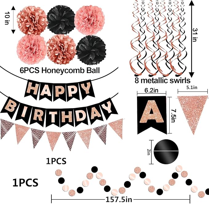 FECEDY Rose Gold Theme Happy Birthday Banner Flag Bunting Paper Circle Confetti - Image 2