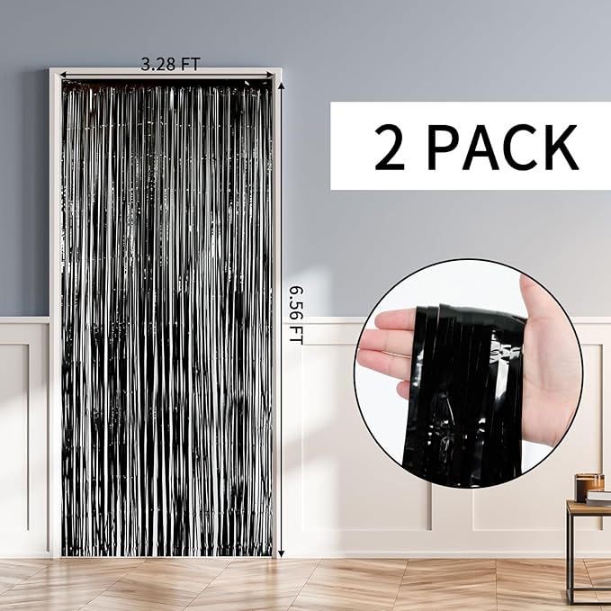 RUBFAC 2 Pack Black Backdrop Party Decorations Tinsel Foil Fringe Curtains - Image 2
