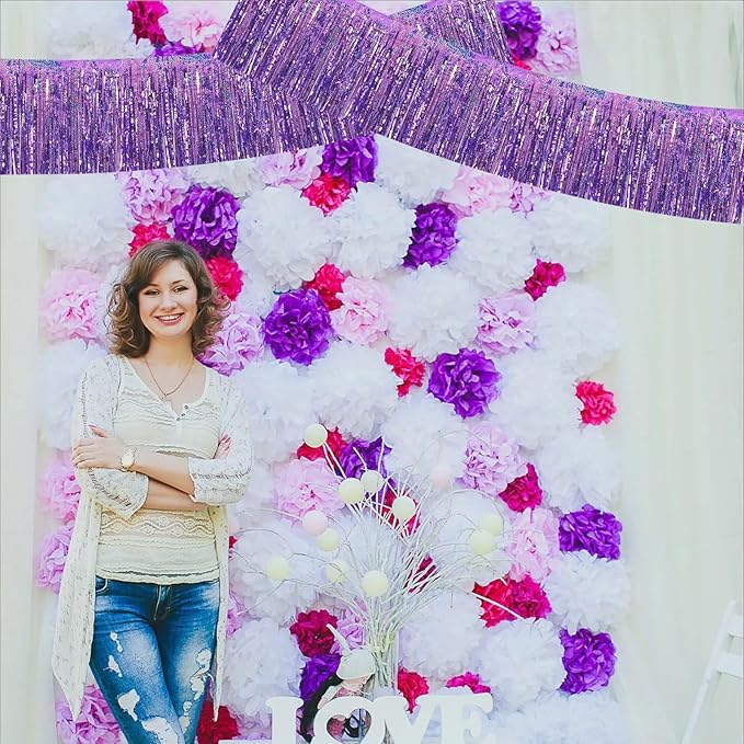 BEISHIDA 3 Packs Metallic Foil Fringe Garland Laser Light Purple Wall Hanging - Image 6