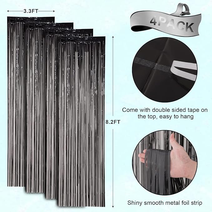 4 Pack Black Foil Fringe Backdrop Curtains, Tinsel Streamers Birthday Party - Image 3