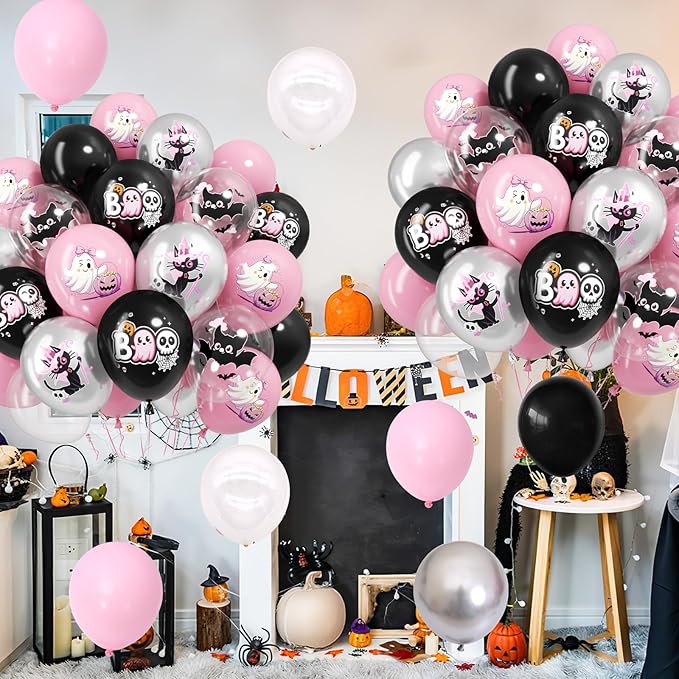 Halloween Party Balloons Decorations, 12 Inch Pink and Black Balloons Set Pink - Image 6