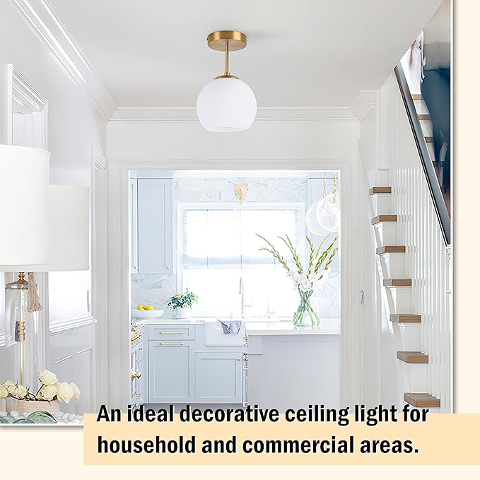 Gold Semi Flush Mount Ceiling Light Fixture Milk Glass Light Fixture Mid - Image 7
