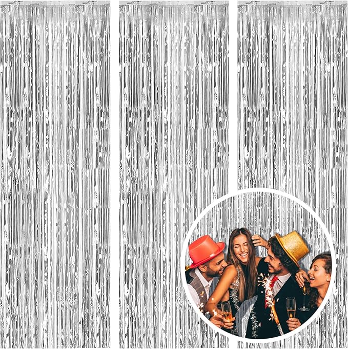 3 Pack Silver Foil Fringe Backdrop Curtains Party Streamers Metallic Tinsel by AMONE