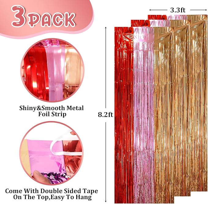 3 Pack 3.3 x 8.2 ft Valentine Foil Fringe Backdrop Curtains, Tinsel Streamers - Image 2