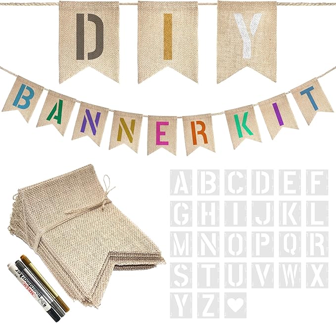 20 PCS Burlap Banner with 27 PCS Letters Stencil DIY Customizable Birthday by Unknown