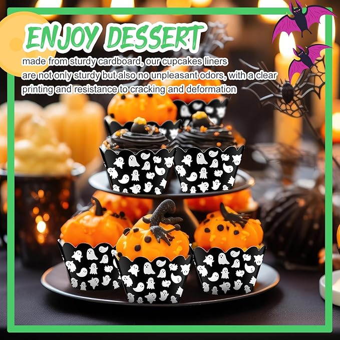 Domensi 100 Pcs Halloween Ghost Cupcake Wrappers Cupcake Liners Ghost Baking - Image 5