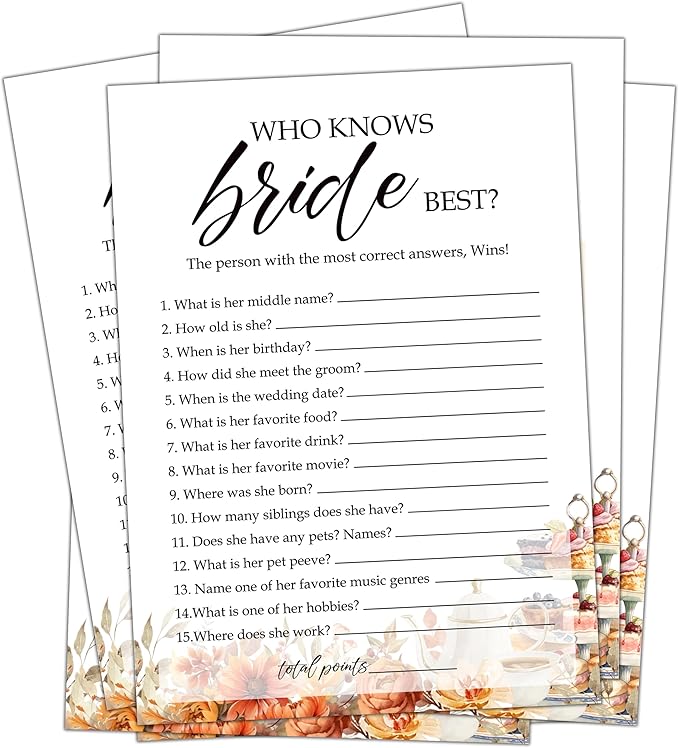 Fall Bridal Shower Games Cards, Who Knows Bride Best Wedding Bachelorette Party by Unknown