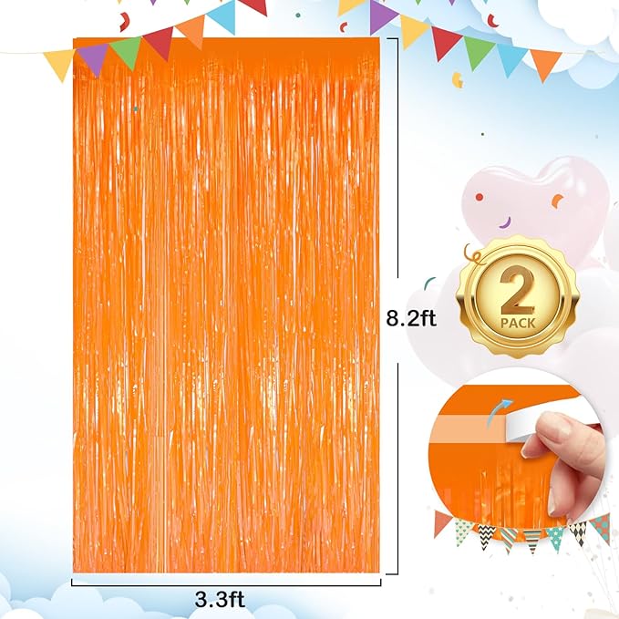 Macaron Orange Fringe Curtain Party Streamers 2Pack 3.3 x 8.3 Ft Foil Fringe - Image 2