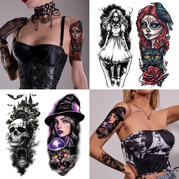 77 Sheets Witch Temporary Tattoos Women Men Adults, Skeleton Death Skull - Image 4