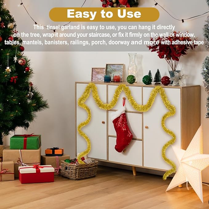 25 Feet Gold Christmas Tinsel Garland, Metallic Foil Twist Garland Wall Hanging - Image 5