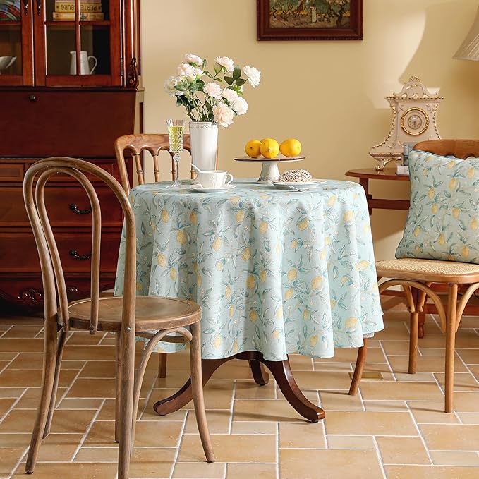 patdrea Designer Green Round Tablecloth, Vintage Linen Yellow Fruits Pattern - Image 9