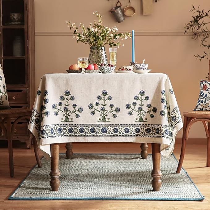 patdrea Designer Vintage Blue Rectangle Extra Long Tablecloth, Leaves Pattern - Image 3