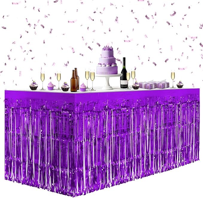 2 Pack Dark Purple Table Skirts, 29x108" Metallic Foil Tinsel Fringe Table by Unknown