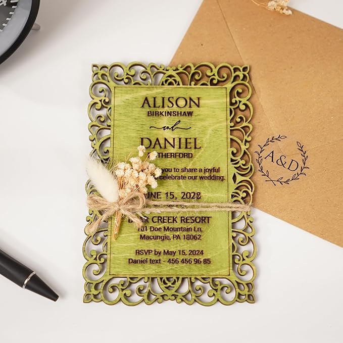 Personalized Wedding Invitations, Laser Cut Wedding Invitation, Flower Wooden - Image 6