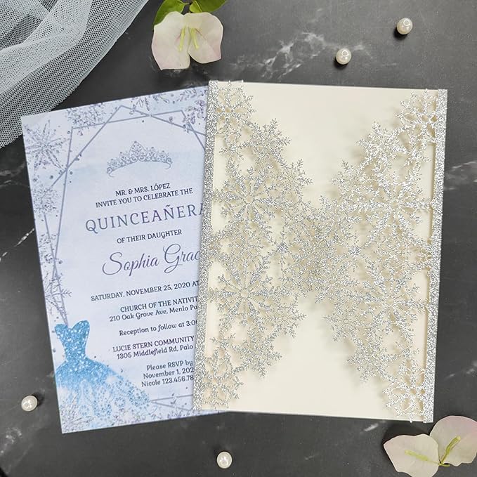 20 sets glitter snowflake invitations, laser cut wedding invitations, DIY - Image 7