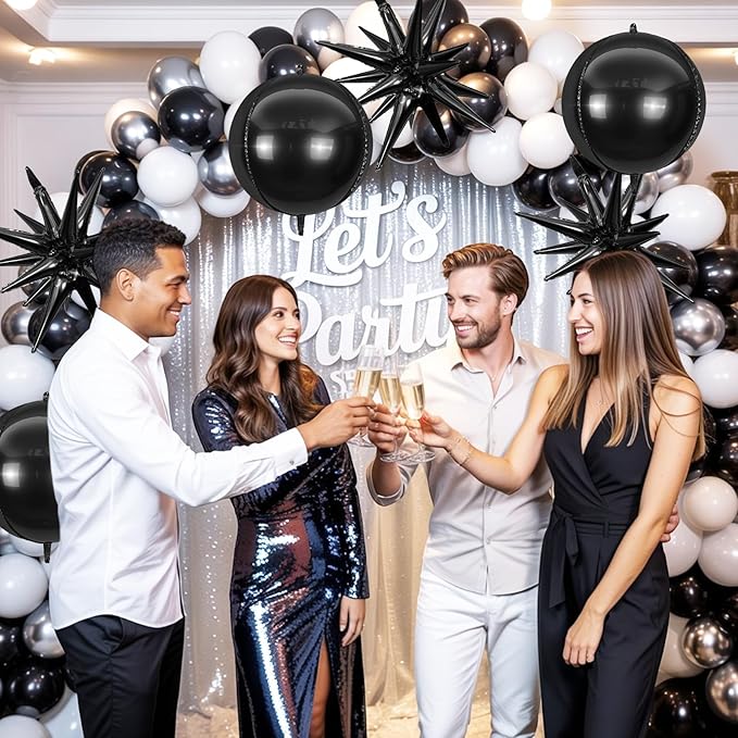 6Pcs Black Silver Foil Balloons, 22Inch Black Silver 4D Round Ball Balloon and - Image 5