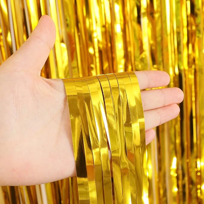 2 Pack Gold Fringe Curtains Foil Shiny Fringe Backdrop Tinsel Door Streamers - Image 5