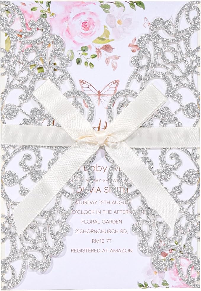 50Pcs Sliver Glitter Wedding Invitations by Maffily