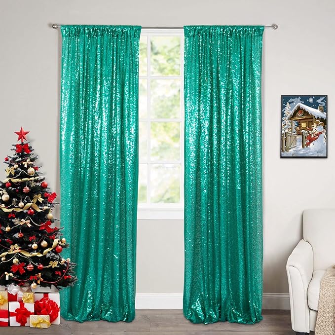 ShinyBeauty Sequin Curtain 2 Panel Set Christmas Green Glitter Background by ShinyBeauty