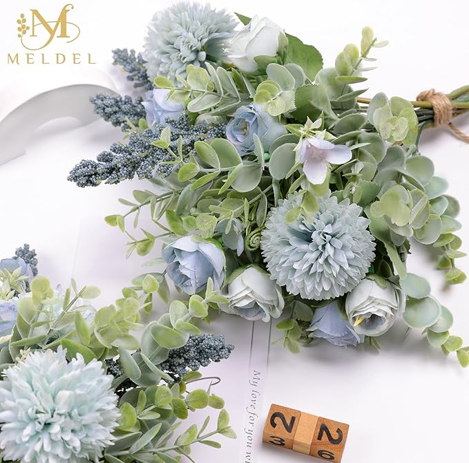 Meldel 3Pcs Rose Bouquet Blue Artificial Flowers Fake Eucalyptus Plants Silk - Image 3