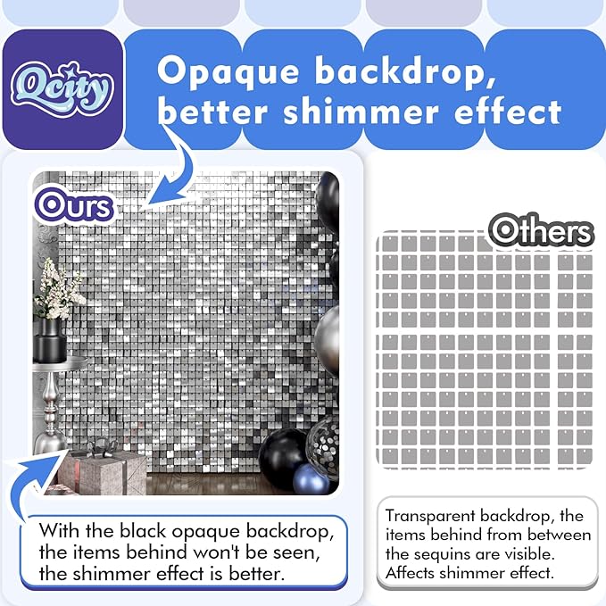 Qcity Silver Shimmer Wall Backdrop 30PCS, Square Sequin Glitter Backdrop Panel - Image 9