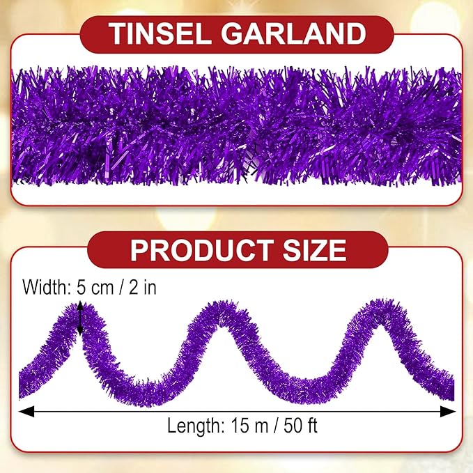 50 Feet Purple Christmas Tinsel Garland, Metallic Foil Twist Garland Wall - Image 2