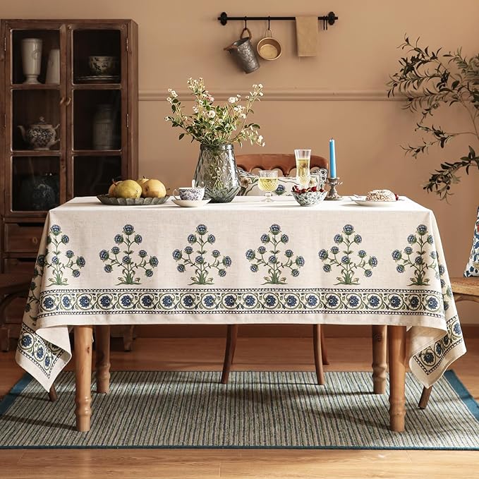 patdrea Designer Vintage Blue Rectangle Extra Long Tablecloth, Leaves Pattern - Image 8