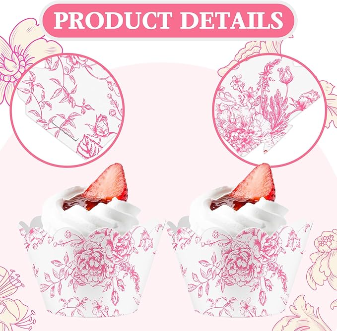 Domensi 100 Pcs Pink Floral Cupcake Wrappers Rustic Cupcake Liners Pink Baking - Image 4