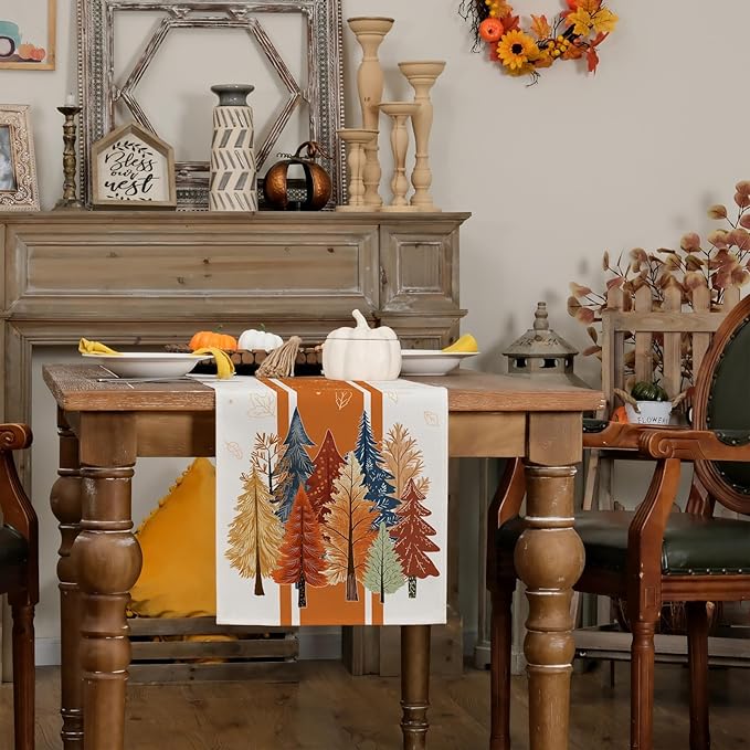 GEEORY Fall Watercolor Trees & Maple Leaves Striped Table Runner 13x108 Inch - Image 5