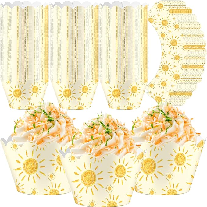 Domensi 100 Pcs Bohemian Sun Cupcake Wrappers Rustic Yellow Sunshine Cupcake by Domensi