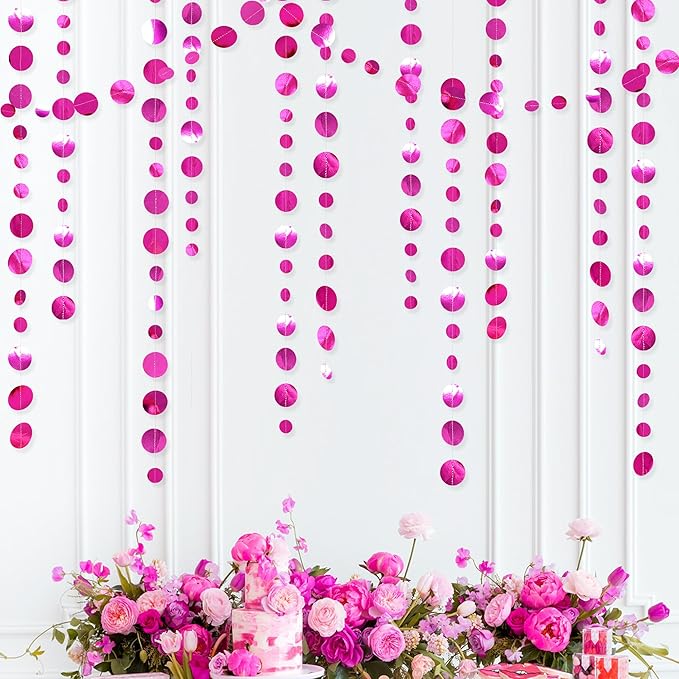 Hot Pink Party Decorations Circle Dots Garland Metallic Rose Pink Hanging Paper - Image 3