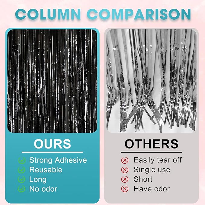 2 Pack Black Tinsel Foil Fringe Curtains, Metallic Tinsel Party Streamers - Image 5