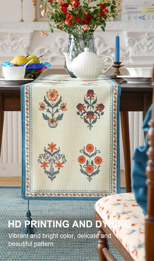 ISAENNE Designer Light Green Linen Table Runner 71 Inches Long, French Floral - Image 4