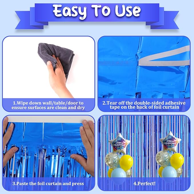 2 Pack Blue Foil Fringe Backdrop Curtains, Tinsel Streamers Birthday Party - Image 4